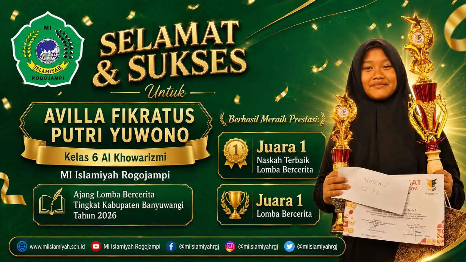 AVILLA FIKRATUS PUTRI YUWONO RAIH DUA JUARA PADA LOMBA BERCERITA PARFI BANYUWANGI