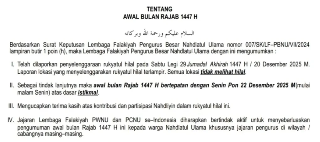 MWC NU Rogojampi Umumkan Awal Rajab 1447 H Jatuh pada 22 Desember 2025
